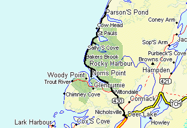 Carte des environs du parc national de Gros-Morne